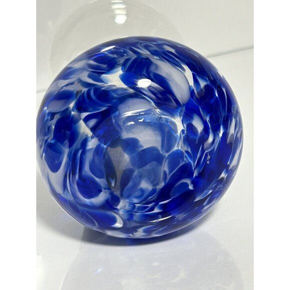 Spatter Blue White Hand Blown Glass Vase Applied Cobalt Blue Spiral Handle - Picture 6 of 7